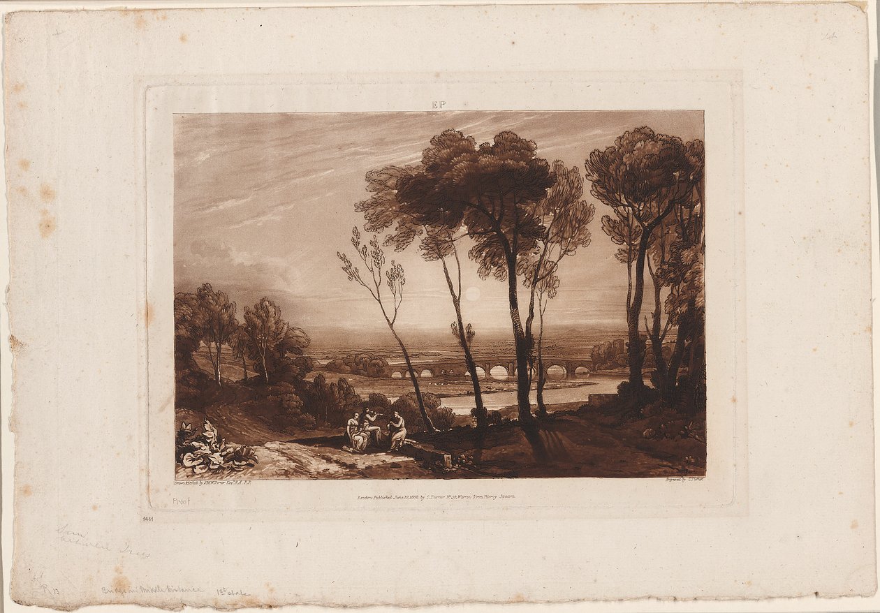 Most ve střední vzdálenosti, deska 13 z Liber Studiorum od Joseph Mallord William Turner