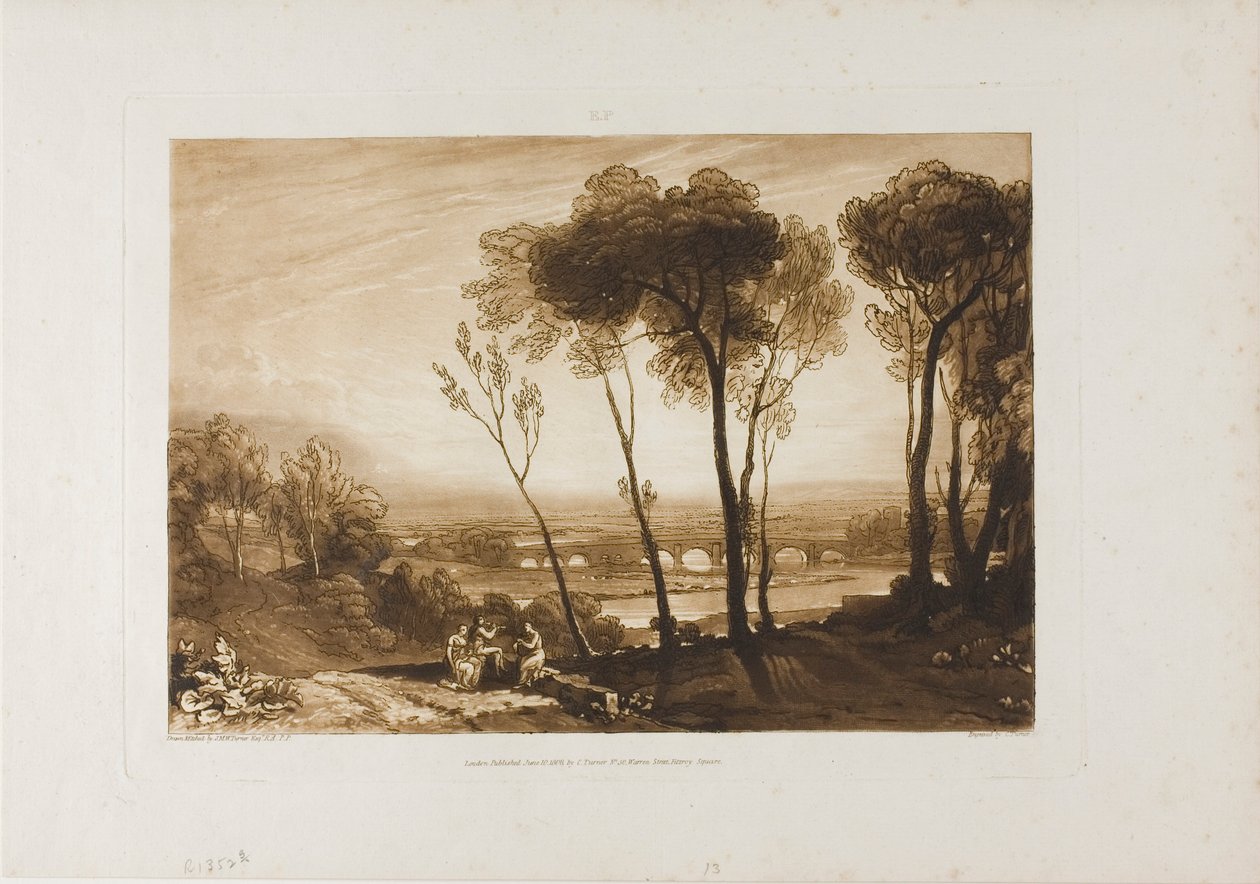 Most ve střední vzdálenosti, deska 13 z Liber Studiorum od Joseph Mallord William Turner