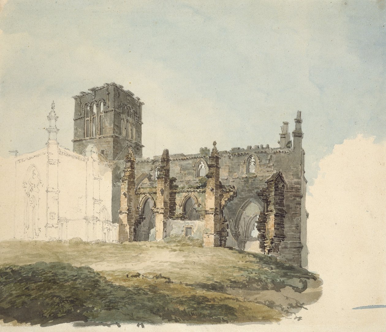 The Ruined Abbey at Haddington, c. 1794 (akvarel přes grafit na tkaném papíře) od Joseph Mallord William Turner