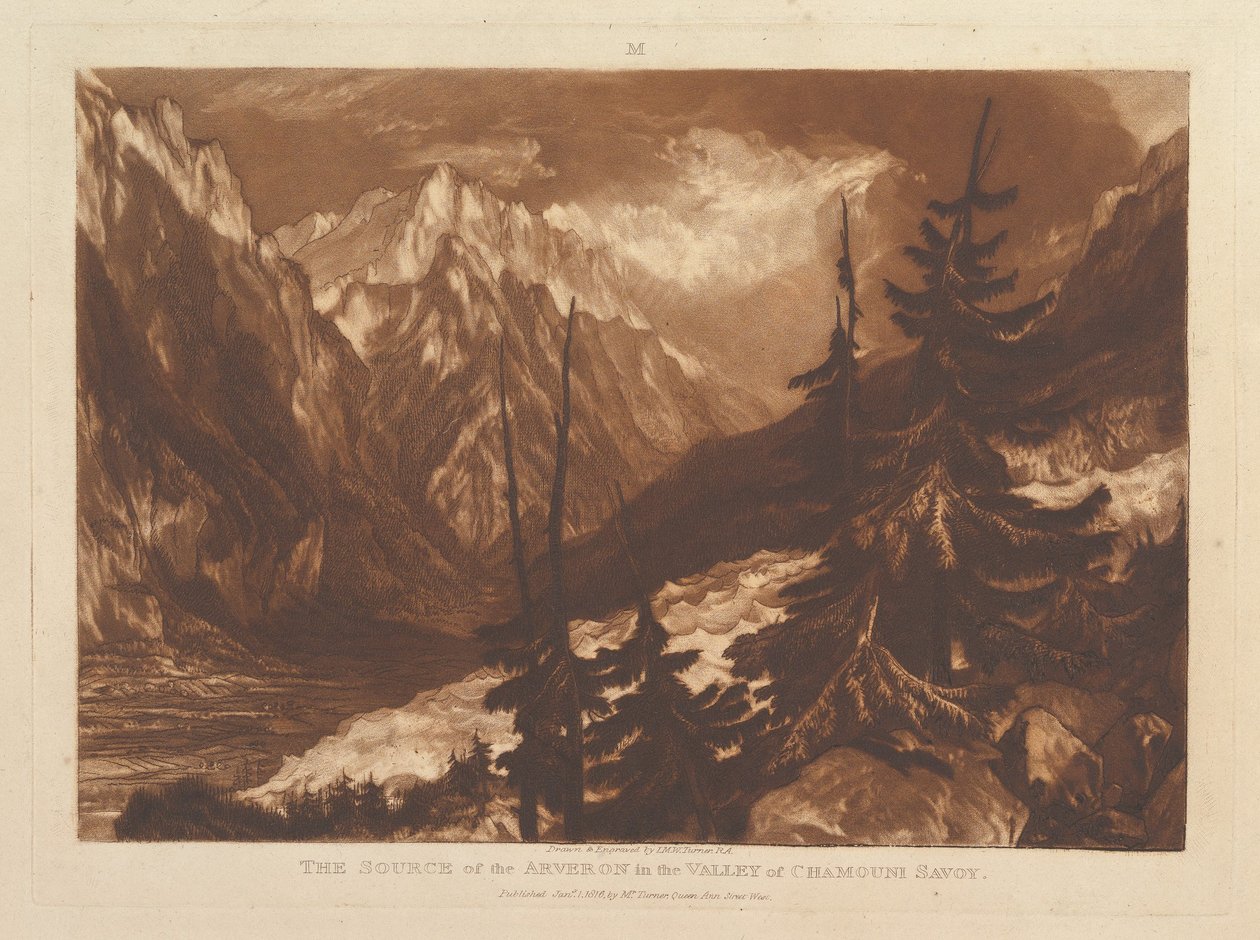 Zdroj Arvaronu v údolí Chamouni, Savoy Liber Studiorum, pa..., 1. ledna 1816. od Joseph Mallord William Turner