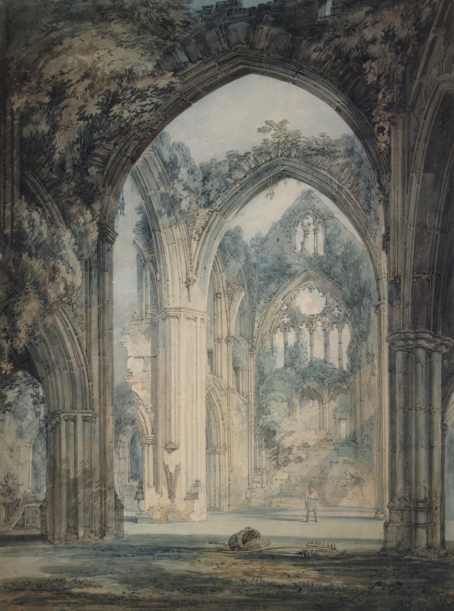 Transept of Tintern Abbey, Monmouthshire, kolem roku 1794 (akvarel přes grafit s perem a černým inkoustem na papíře) od Joseph Mallord William Turner