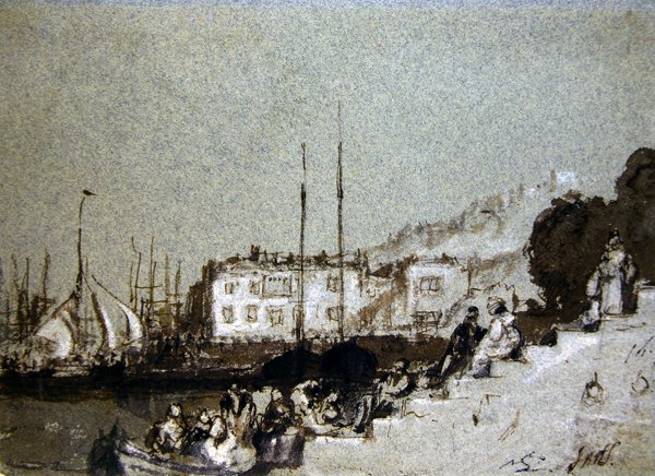 Pohled na East Cowes, Isle of Wight (pero, inkoust a barva těla na modrém papíře) od Joseph Mallord William Turner