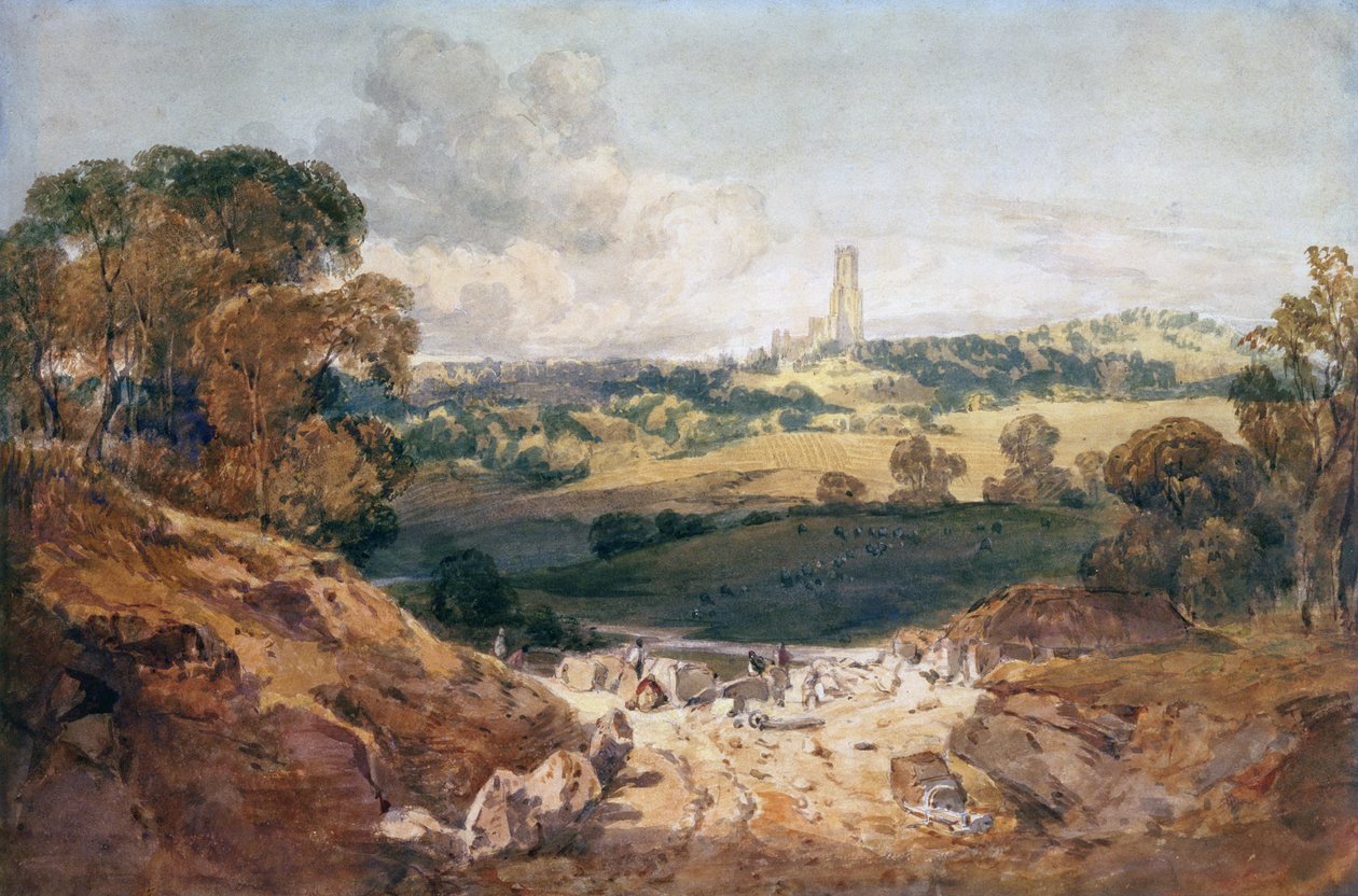 Pohled na Fonthill z kamenolomu, kolem roku 1799 (pero, inkoust a akvarel na papíře) od Joseph Mallord William Turner
