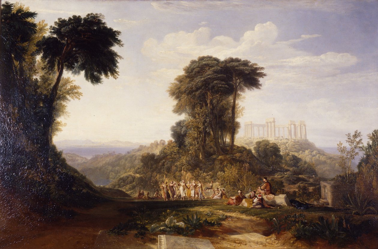 Pohled na chrám Jupiter Panellenius na ostrově Aegina s řeckým národním tancem Romaika: Akropole v Aténách v dálce od Joseph Mallord William Turner