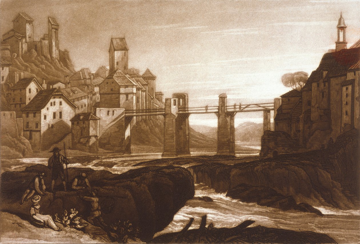 F.31.I Lauffenbourgh na Rýnu, z Liber Studiorum, ryl T. Hodgetts, 1811 od after Joseph Mallord William Turner