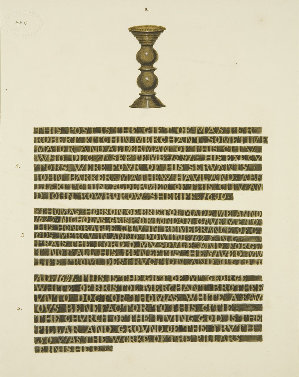 Bronzový sloup (hřebíky) č. 2, s nápisy č. 2, 3 a 4 (tužka a akvarel na papíře) od Joseph Manning