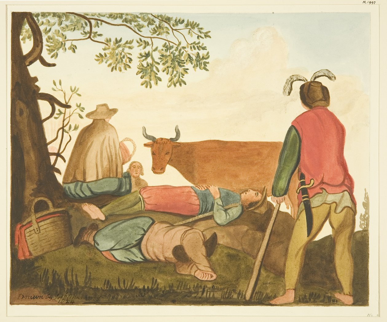Guy, Earl of Warwick a Dun Cow, kopie z originální olejomalby (akvarel na papíře) od Joseph Manning