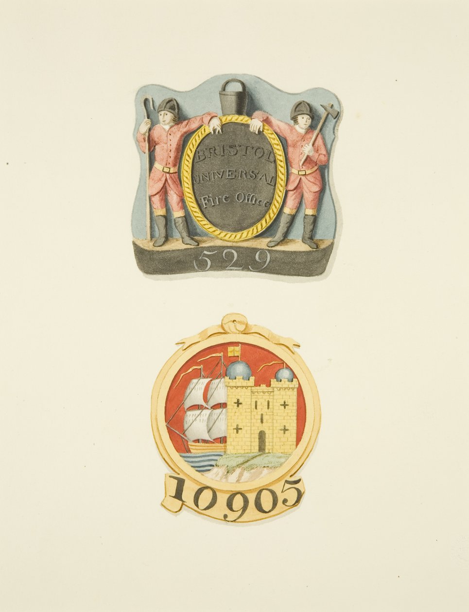 Domácí odznaky nebo Firemarks z Bristol Universal a Bristol Fire Offices od Joseph Manning
