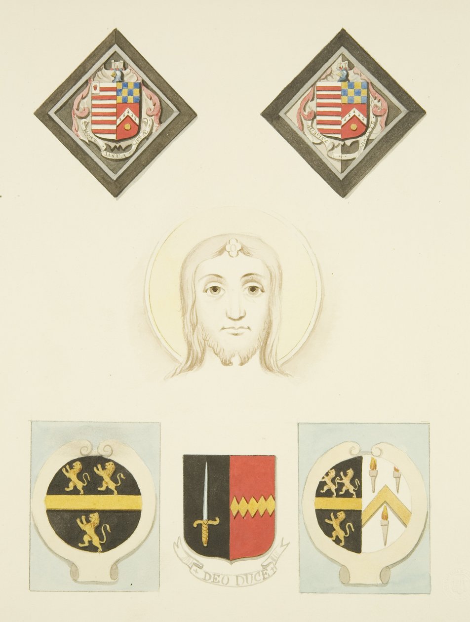 Vitráže, erby a erby v kostele svatého Petra (akvarel na papíře) od Joseph Manning