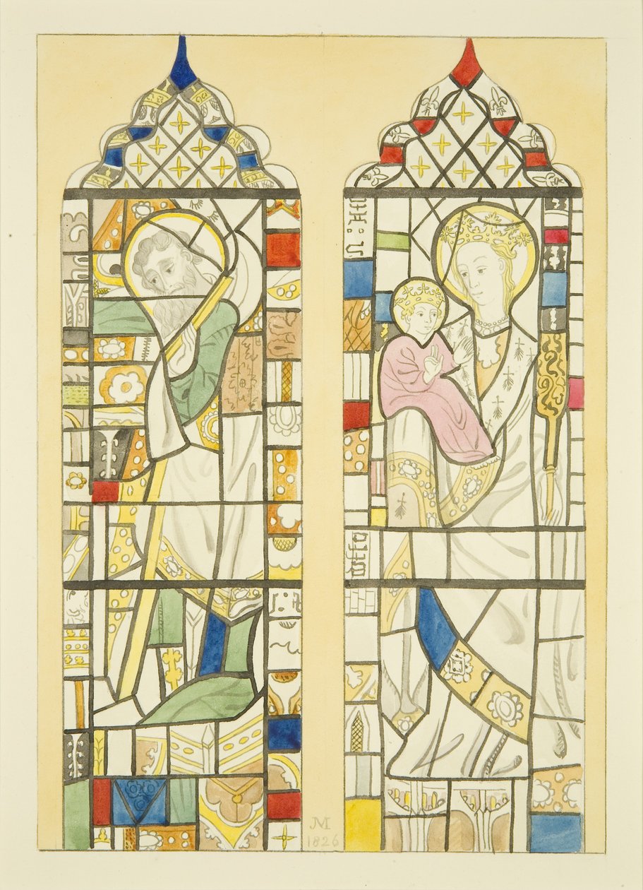 Vitráže v okně nad písmem St Mary Redcliffe (akvarel na papíře) od Joseph Manning