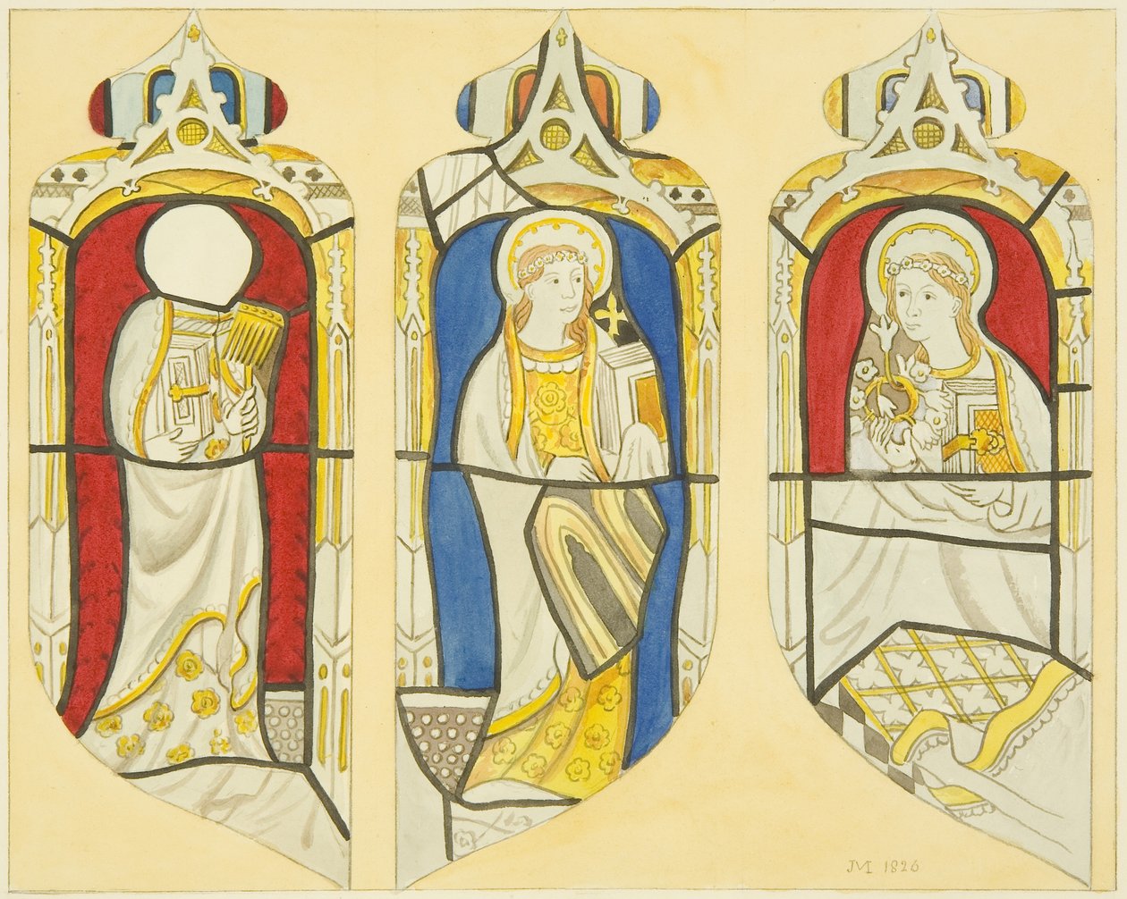 Tři postavy ve východním okně severní transept St Mary Redcliffe (akvarel na papíře) od Joseph Manning