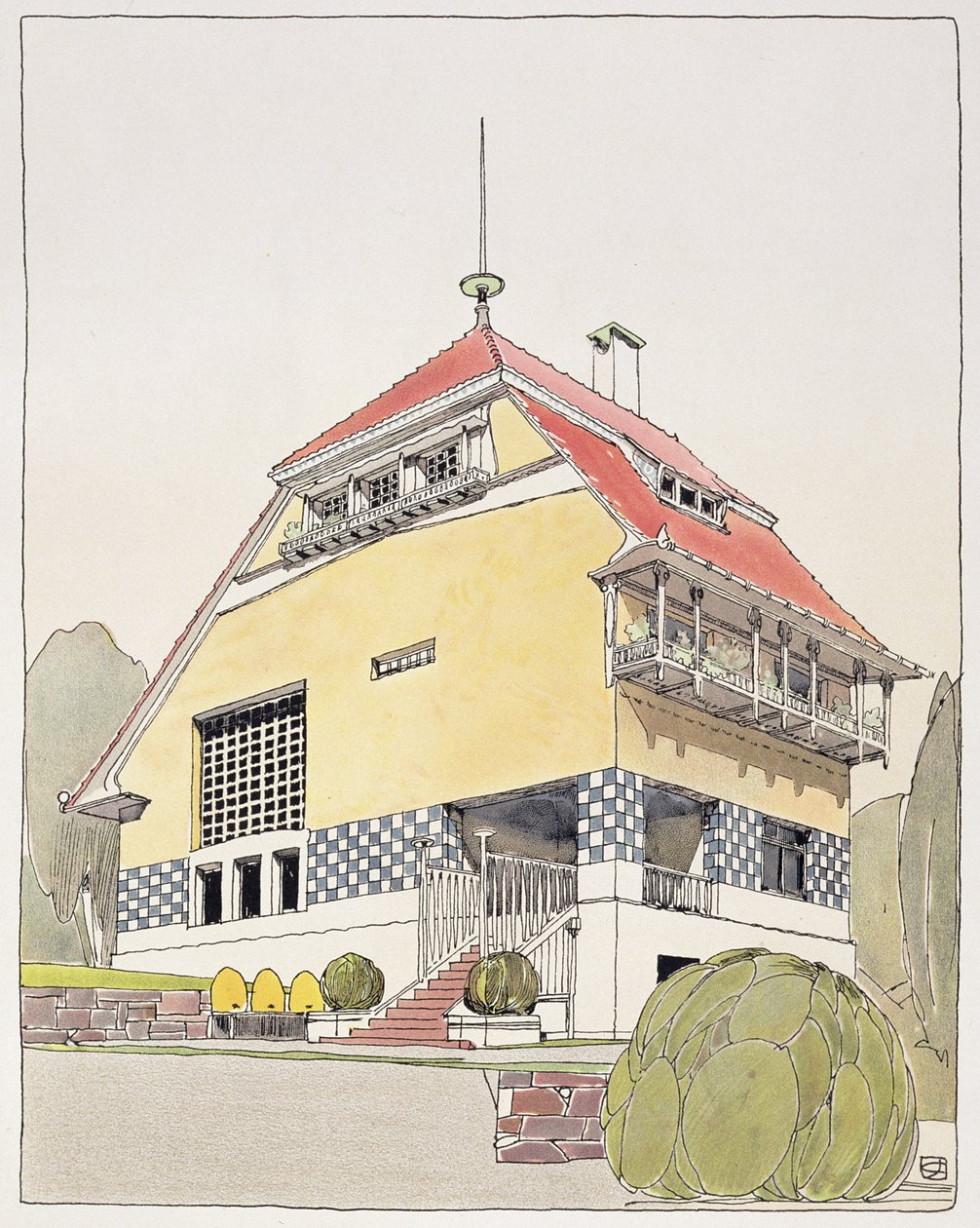 Studie pro Olbrichův dům, Darmstadt, z „Architektur von Olbrich“, publikovaná kolem roku 1904-14 od Joseph Maria Olbrich