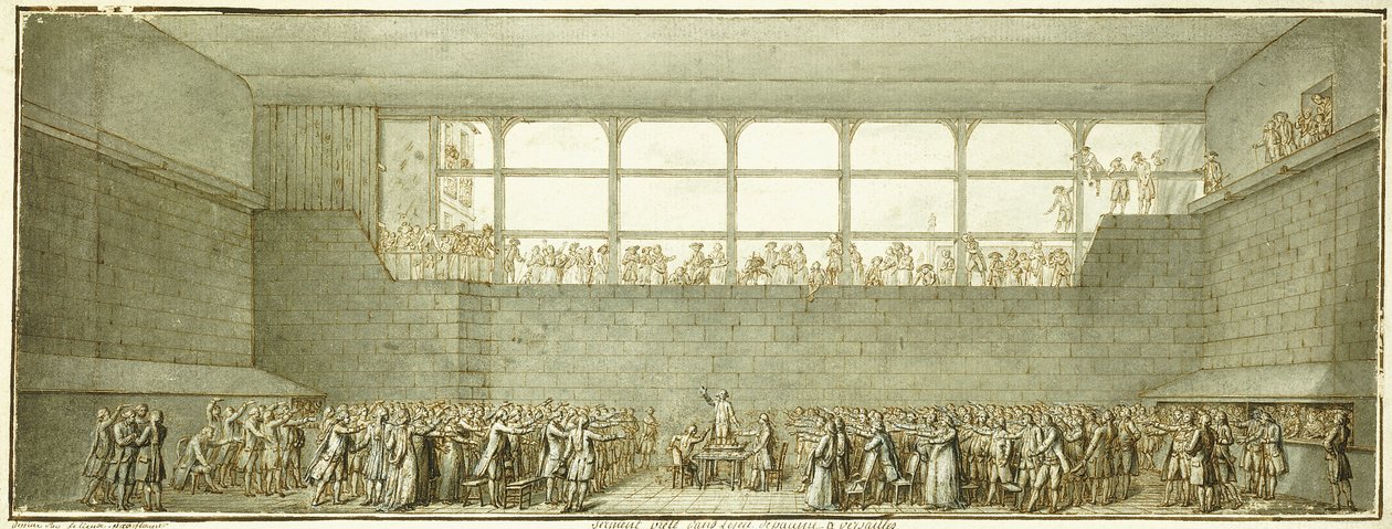 Přísaha tenisového kurtu, kolem roku 1789 (černá křída, pero a hnědý inkoust s šedým lemováním) od Joseph Marie Flouest