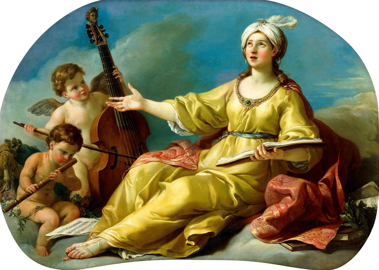 Personifikace hudby, zpěv s Puttim hrajícím na violu a flétnu, 1758 od Joseph Marie Vien