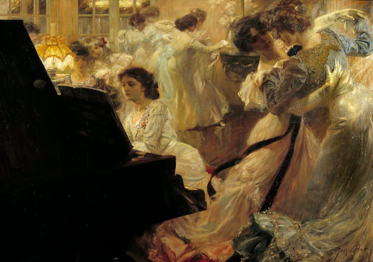 Belle epoque: „Bílý ples“ Večer mladých žen oděných v bílém tanci a hře na klavír Joseph Marius Avy (1871-1939) 1903 od Joseph Marius Avy