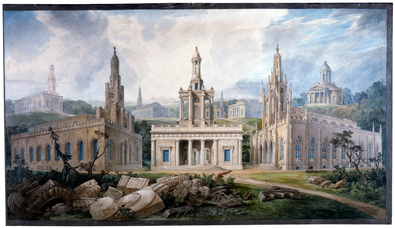 Skupina kostelů navržených sirem J. Soanem pro ilustraci různých architektonických stylů od Joseph Michael Gandy