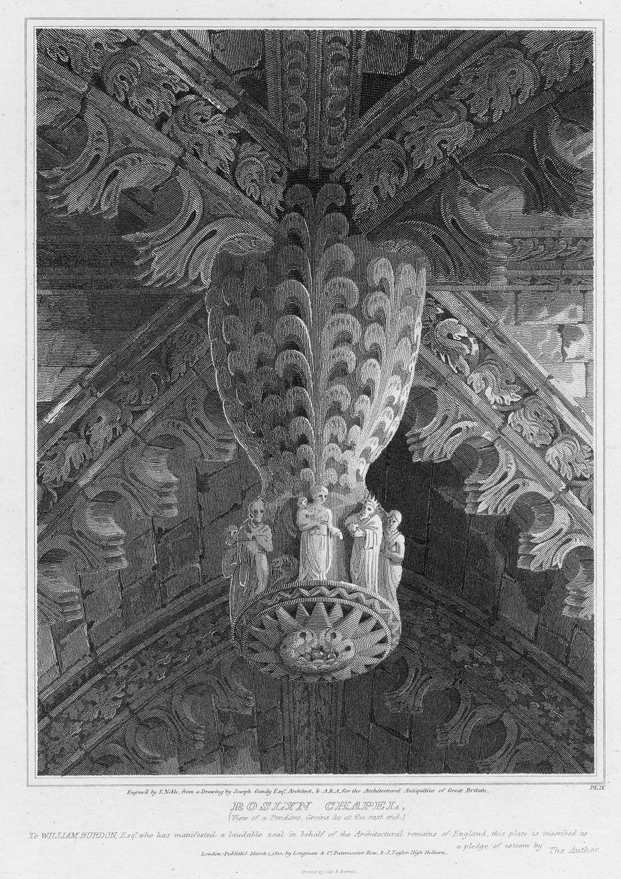 Roslynská kaple, pohled na závěs a drážky na východním konci, rytina S. Noble, 1810 od Joseph Michael Gandy