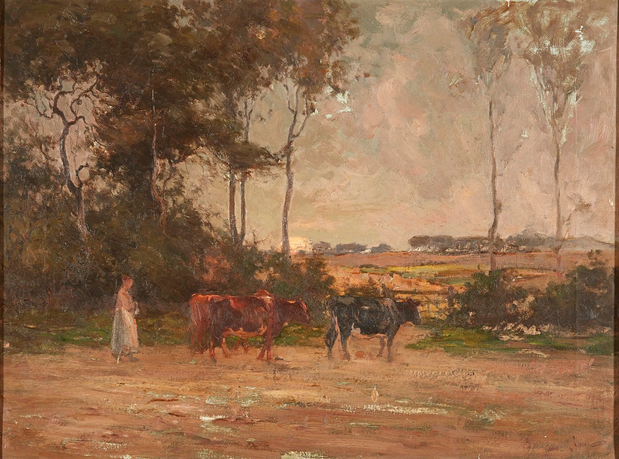 Pasení dobytka při západu slunce (olej na plátně) od Joseph Milne