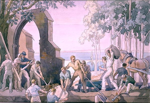 Muži v práci, cca 20. léta 20. století (pero, inkoust a akvarel na papíře) od Joseph Milner