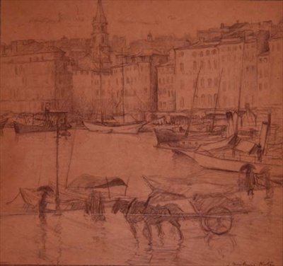 Scéna z přístavu, deštivý den (tužka) od Joseph Milner Kite