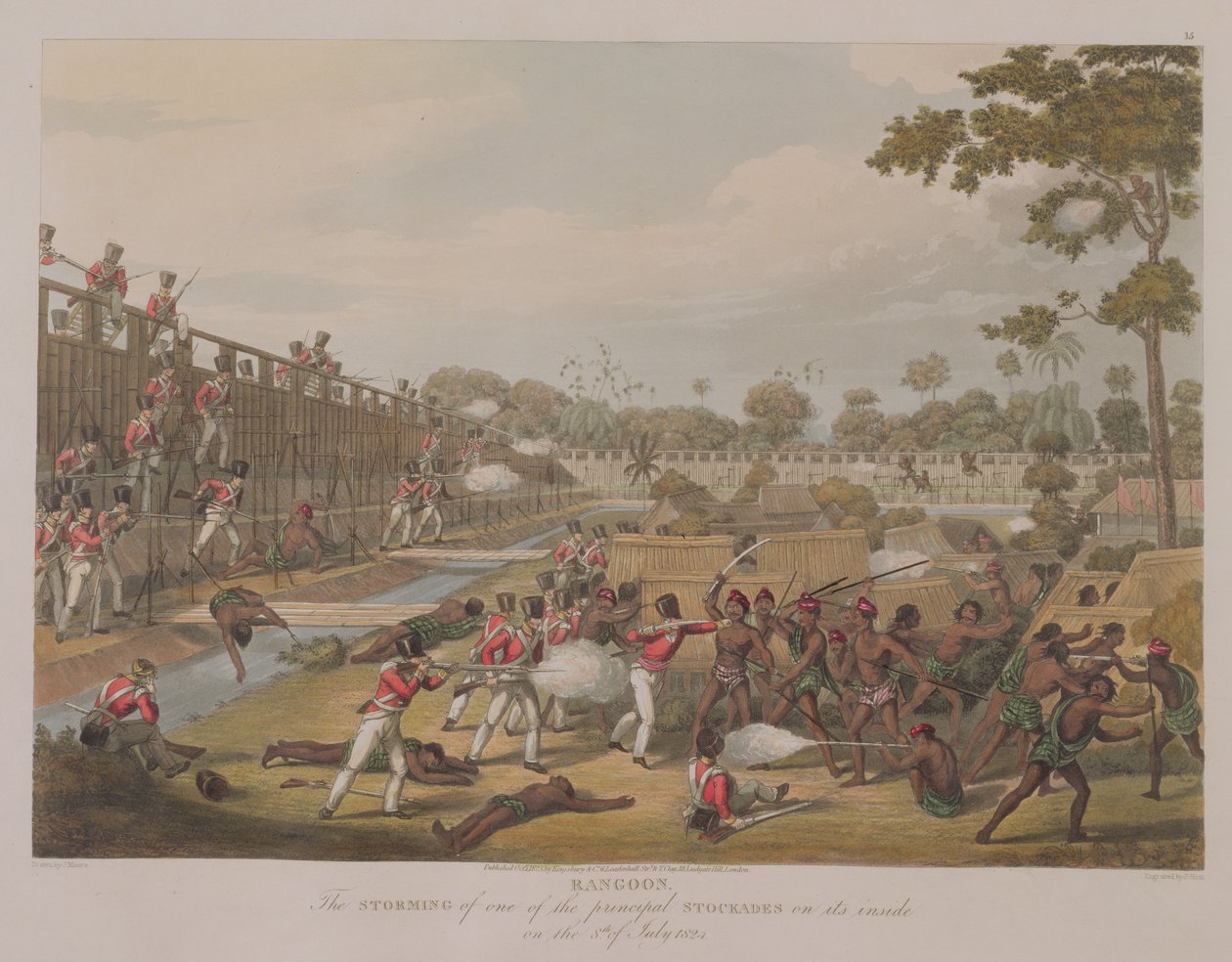 Rangoon: The Storming of one of Principal Stockades on 8. července 1824, deska 15 z „Rangoon Views“, vyryla George Hunt, 1825 (akvatinta) od Joseph Moore