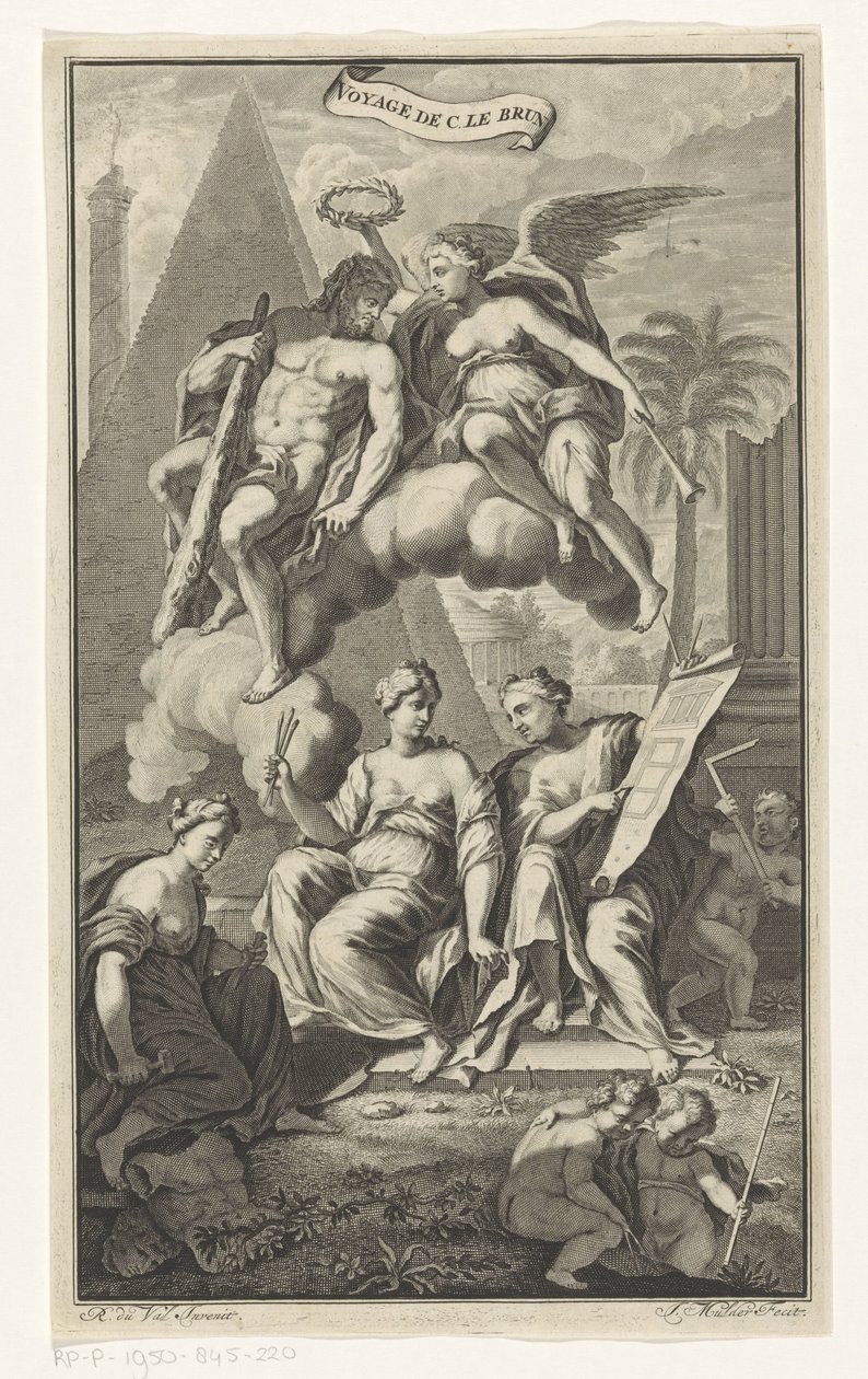 Herkules korunovaný Viktorií Voyage de C. le brun (název na objektu) Titulní strana pro: Cornelis de Bruyn, Voyage au Levant, 1700 od Joseph Mulder