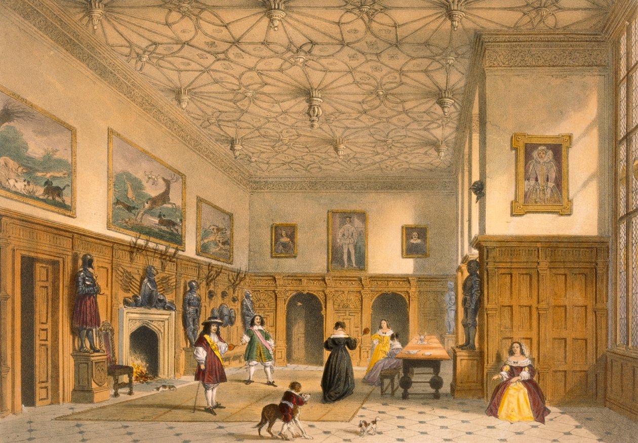 Hra s netopýry v Grand Hall, Parham Park, Sussex, kolem roku 1600, z knihy "Architecture of the Middle Ages", vydané v roce 1838. od Joseph Nash
