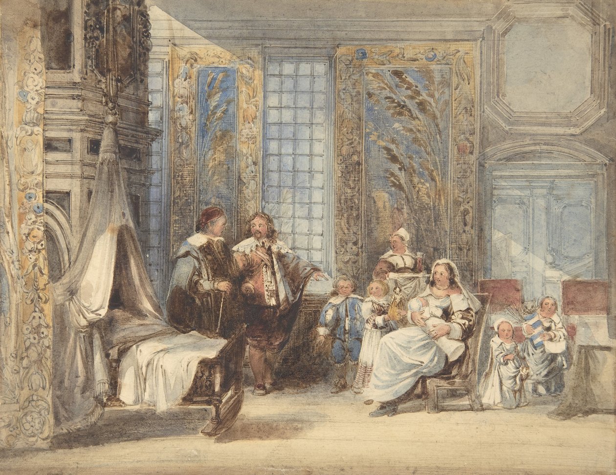 Scéna s rodinou a hostem v interiéru sedmnáctého století, 1825-78. od Joseph Nash.