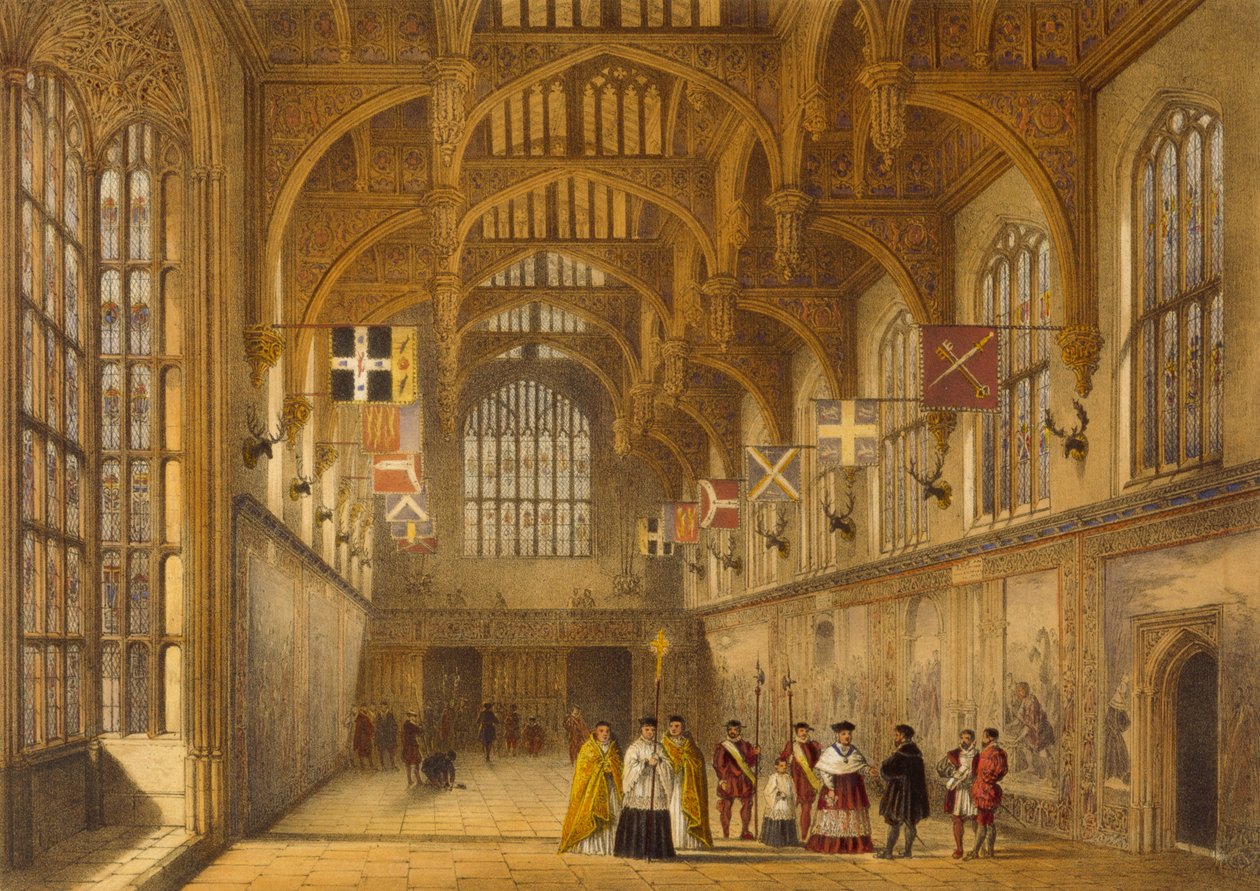 Síň, Hampton Court, kolem roku 1600, z „Architecture of the Middle Ages“, 1838 od Joseph Nash