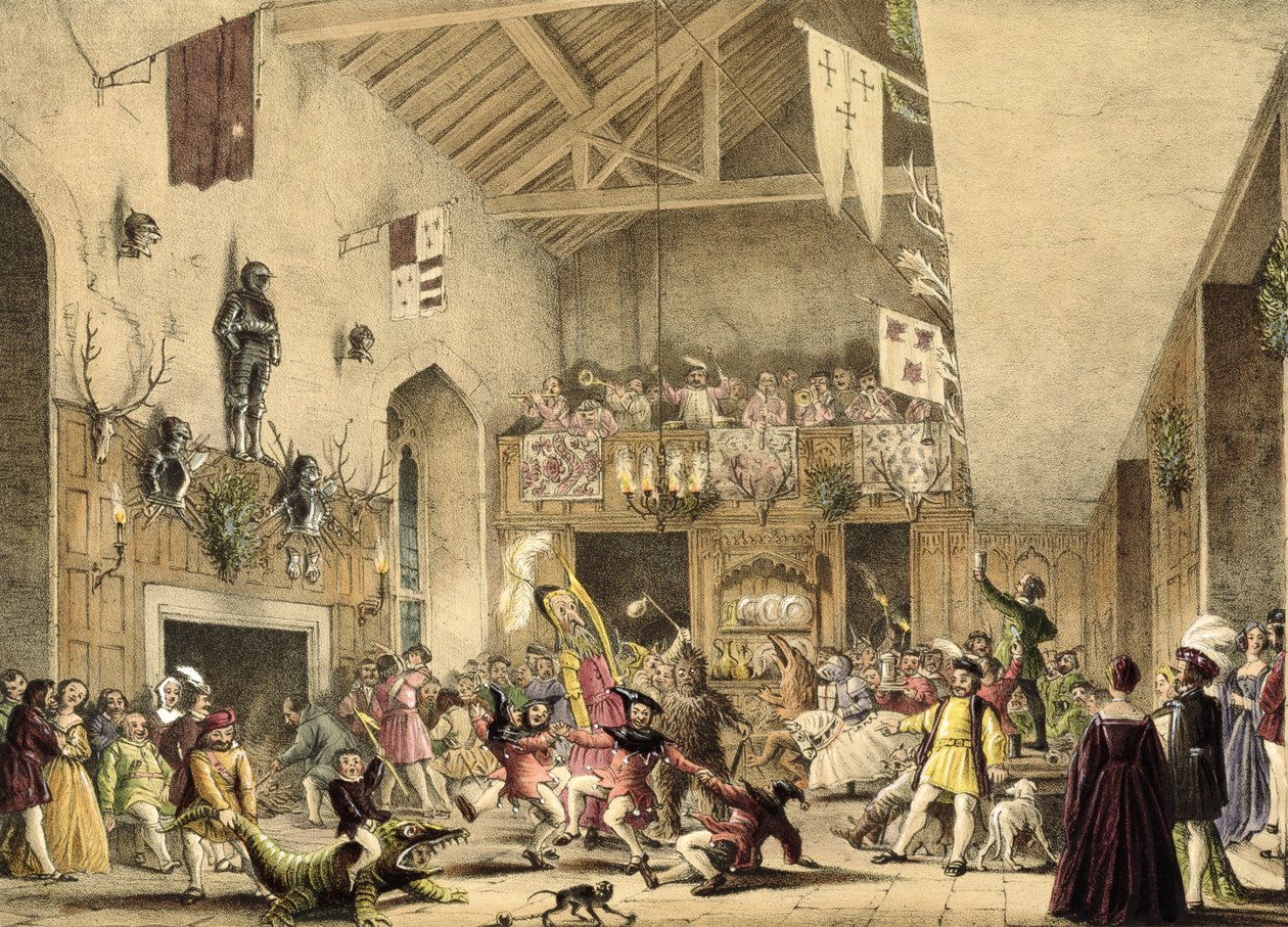 Dvanáctá noc si libuje ve Velké síni, Haddon Hall, Derbyshire, z „Architecture of the Middle Ages“, 1838 od Joseph Nash