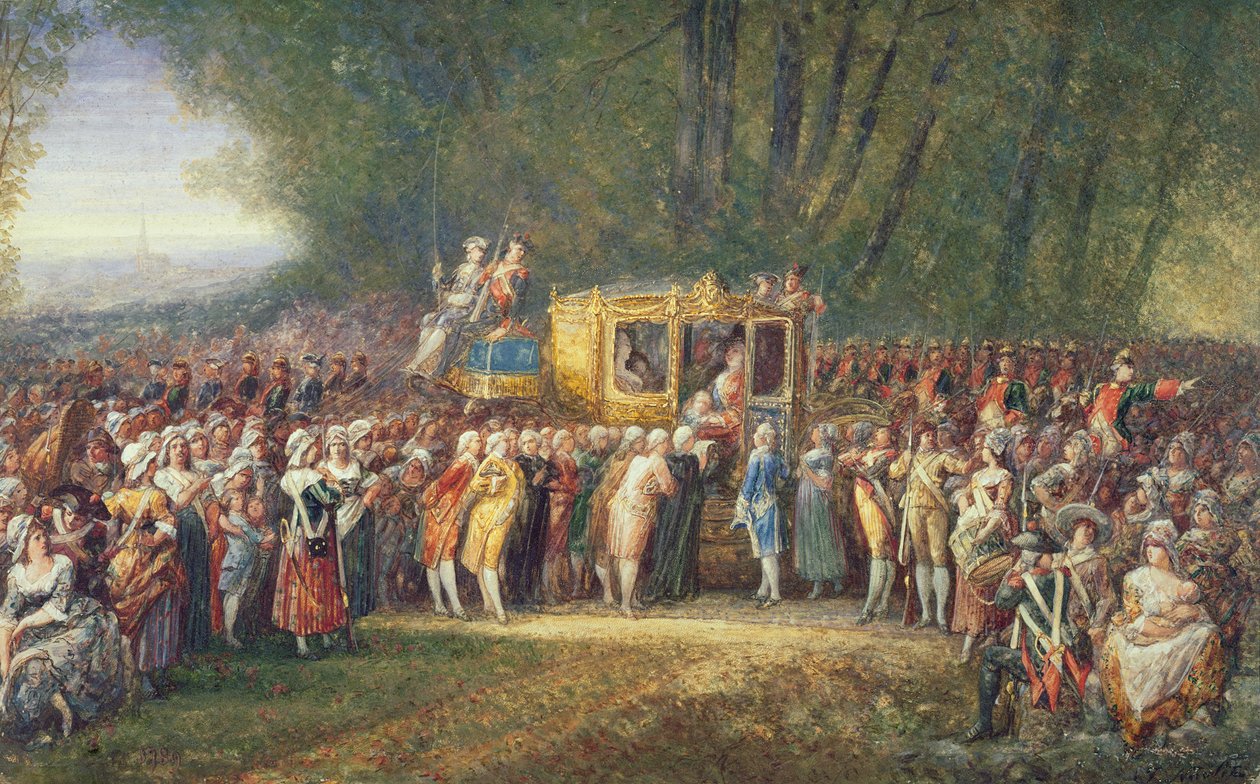 Král Ludvík XVI. je v říjnu 1789 odváděn ženami z Les Halles z Versailles do Paříže. od Joseph Navlet