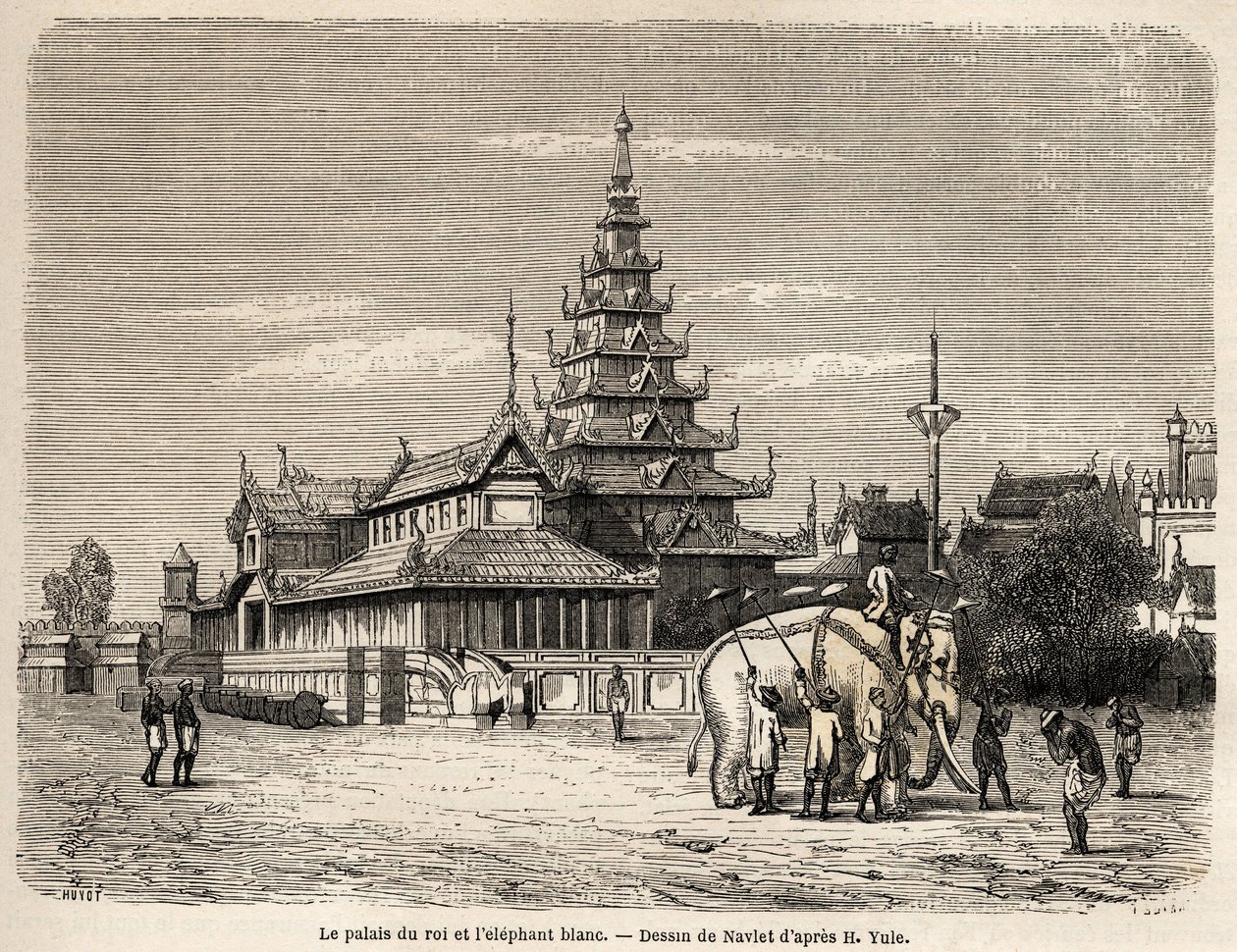 Palác krále Avy v Amarapoura (dnešní Barma), kresba Navletem ilustrující cestu do království Ava v roce 1855 kapitána Henriho Yulea z těla bengálského džina. Rytina v „“ Le tour du monde, nouveau journal des voya od Joseph Navlet
