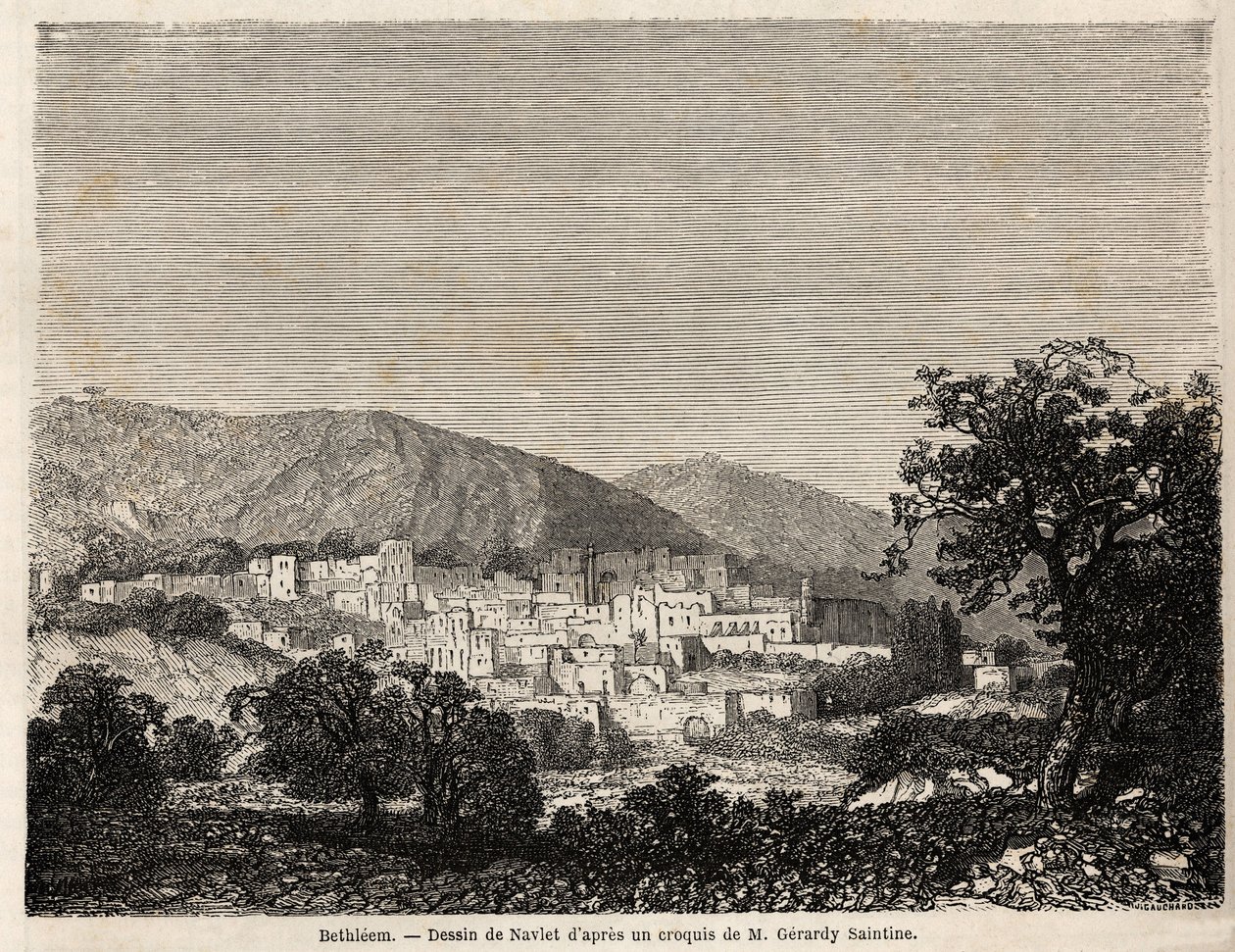 Pohled na Betlém, kresba Joseph Navlet (1821-1889), pro ilustraci cesty pana Bidy do Palestiny v roce 1856. Rytina v „“ Le tour du monde, nouveau journal des voyages““ Paris od Joseph Navlet
