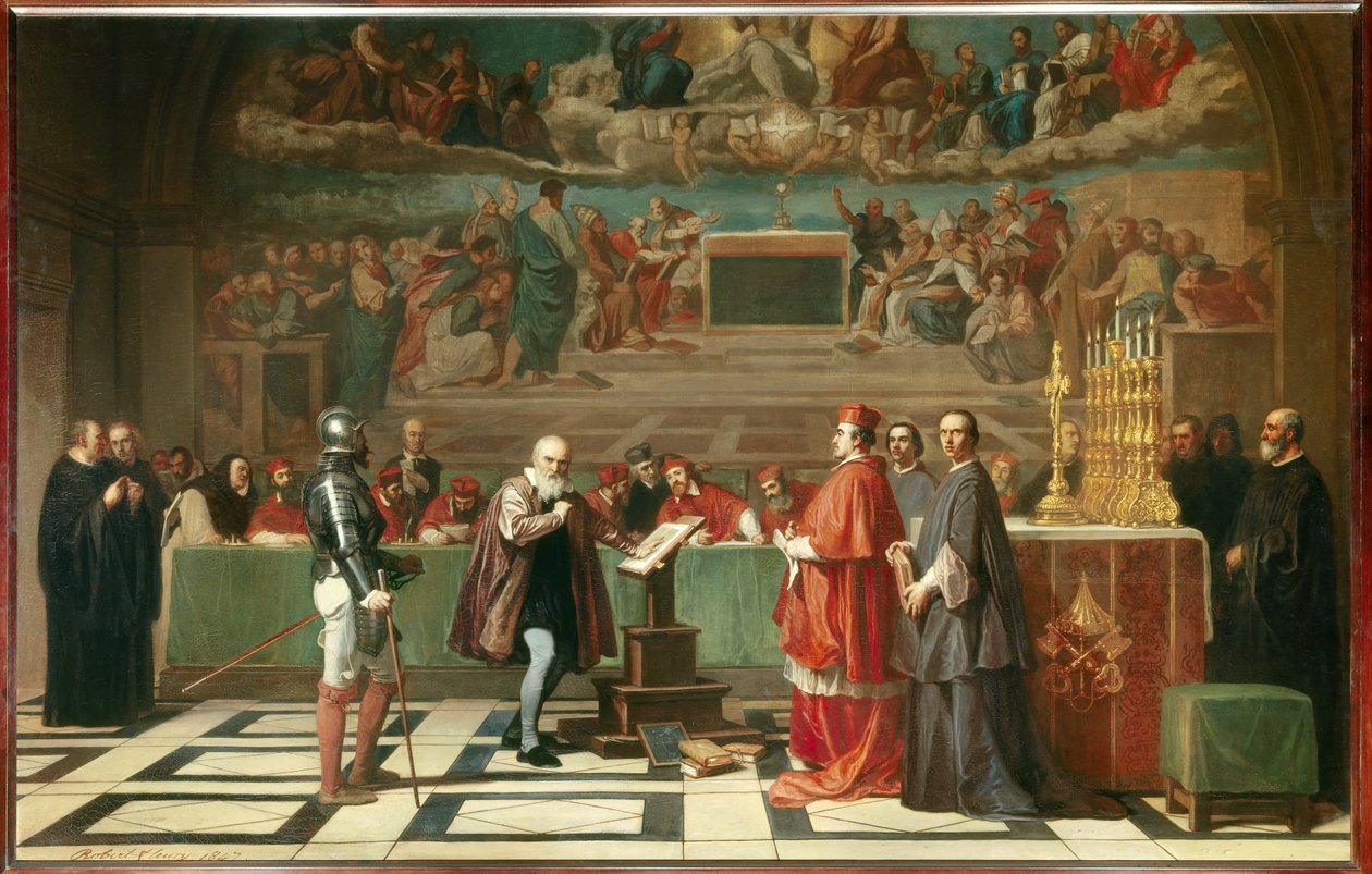 Galilee (nebo Galileo Galilei (1564-1642) před Svatým oficiem ve Vatikánu”” Astronom byl odsouzen inkvizičním tribunálem v roce 1632 za obhajobu Koperníkovy teorie. Obraz Josepha Nicolase Robert-Fleury (Robert Fleury) (1797-1890) 1847 od Joseph Nicolas Robert Fleury