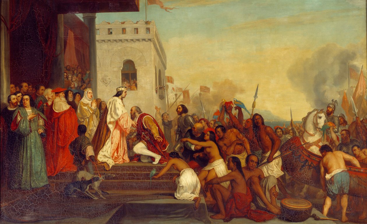 Přijetí Kryštofa Kolumba (1451-1506) španělskými králi Ferdinandem II. Aragonským a Isabelou 1. Kastilskou (zvanou Katoličkou) v Barceloně v roce 1493 Průzkumník se vrací se zajatými Indiány. Obraz Josepha Nicolase Robert Fleury (1797-1890 od Joseph Nicolas Robert Fleury