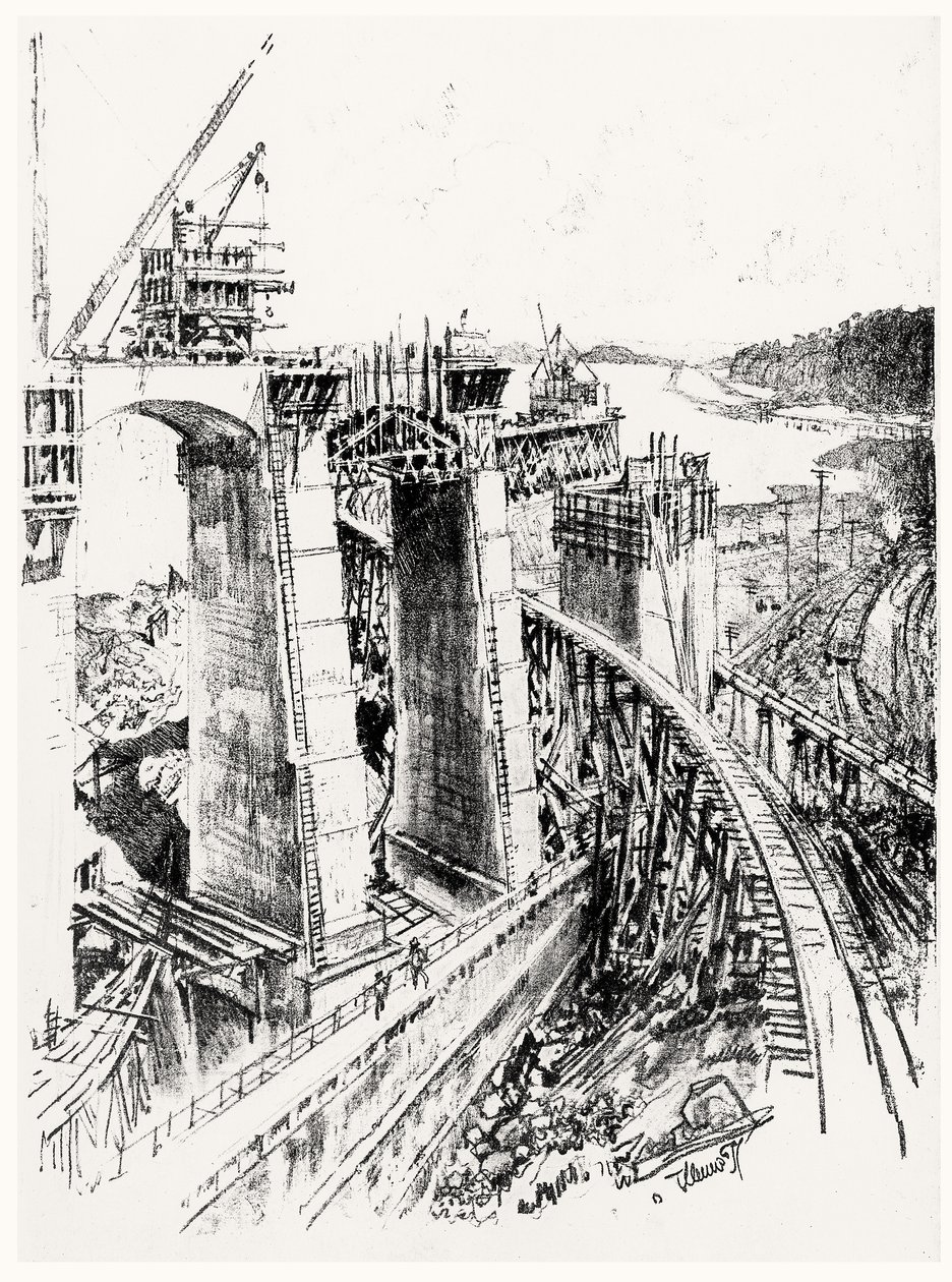 Approaches to Gatun Lock, deska VI z Panamského průplavu od Josepha Pennella, 1912 (uhlí na papíře) od Joseph Pennell