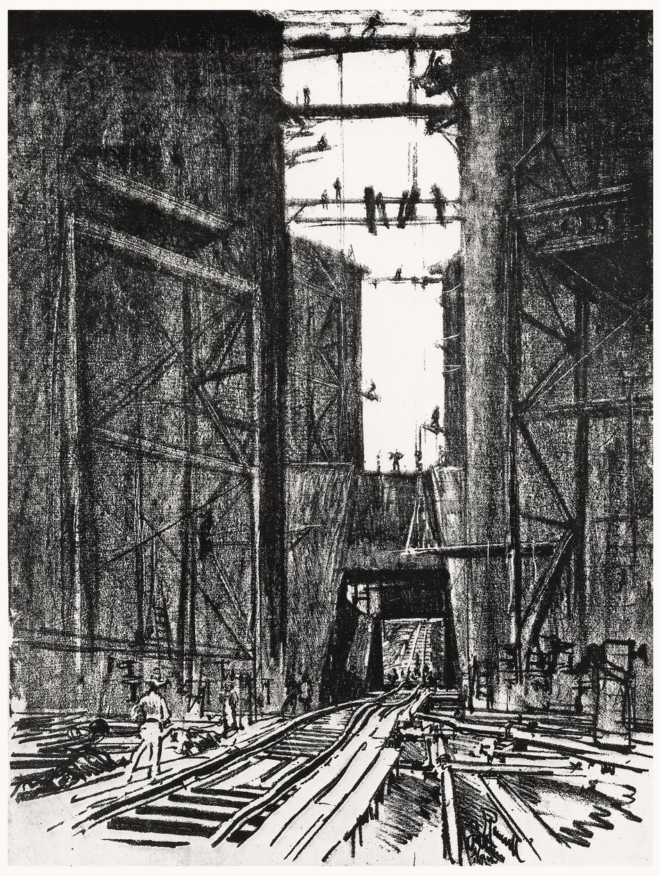 U dna Gatunského zdymadla, deska IV z Panamského průplavu od Josepha Pennella, 1912 (uhlí na papíře) od Joseph Pennell