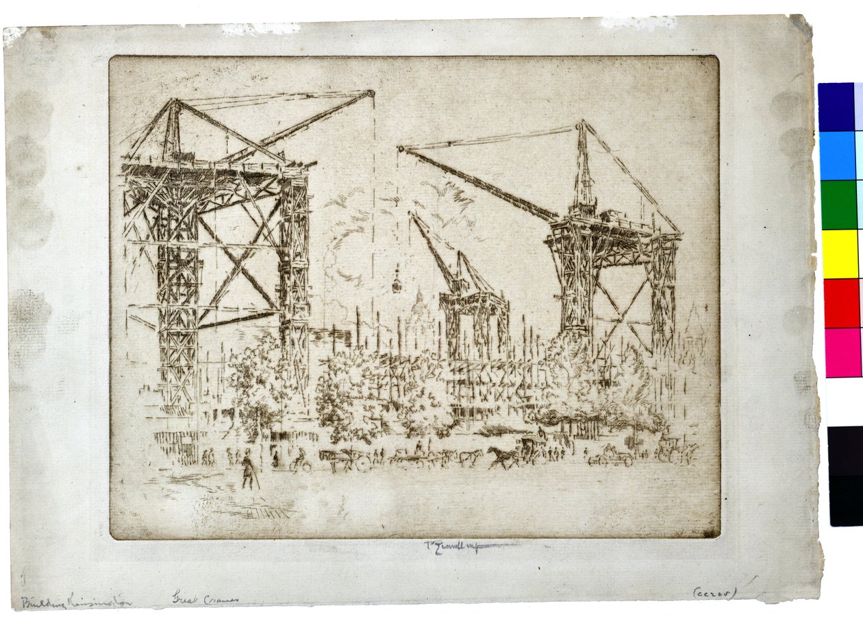Budova Kensington Great Cranes, asi 1905 (lept na papíře) od Joseph Pennell