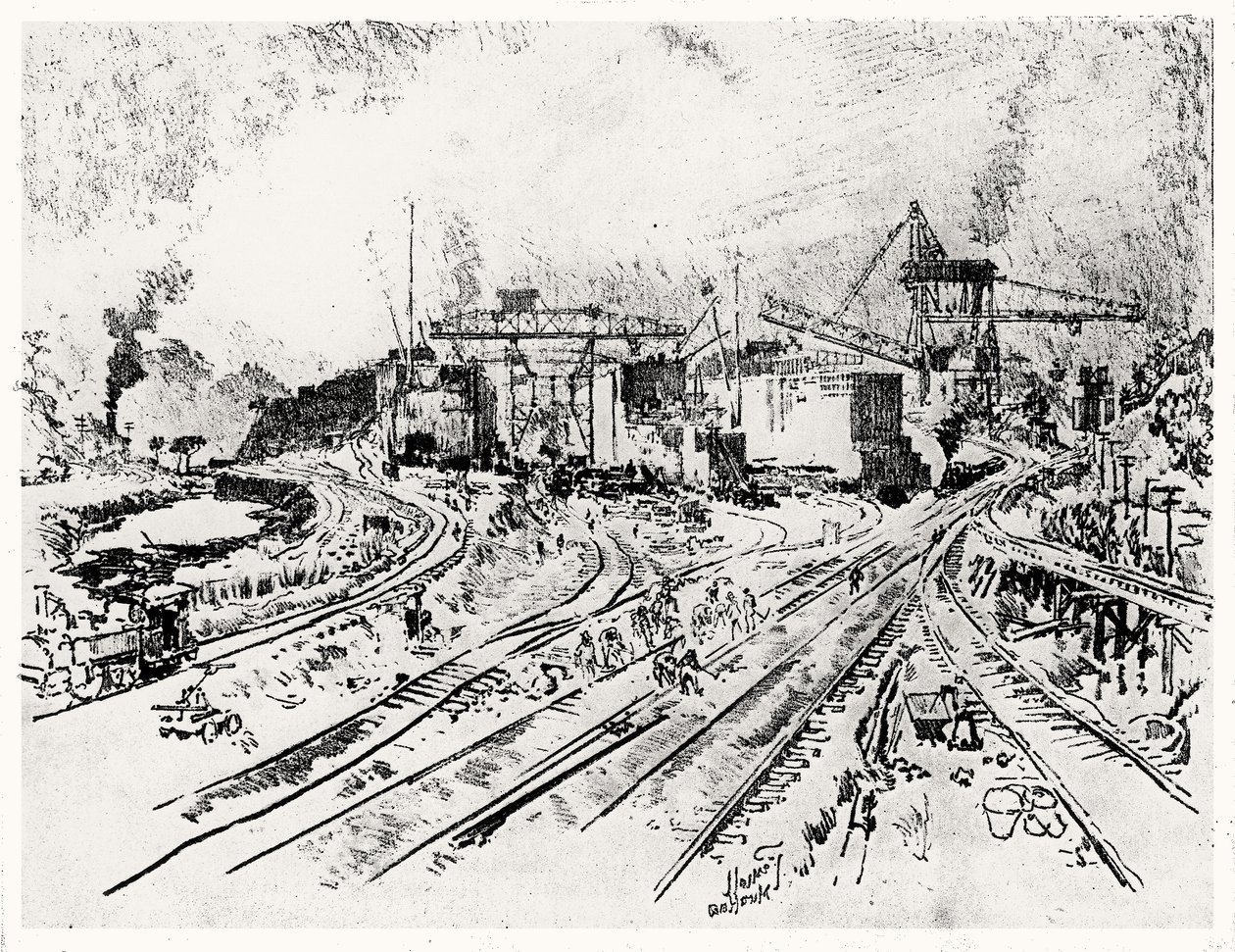 Budova Miraflores Lock, deska XXI z Panamského průplavu od Josepha Pennella, 1912 (uhl na papíře) od Joseph Pennell