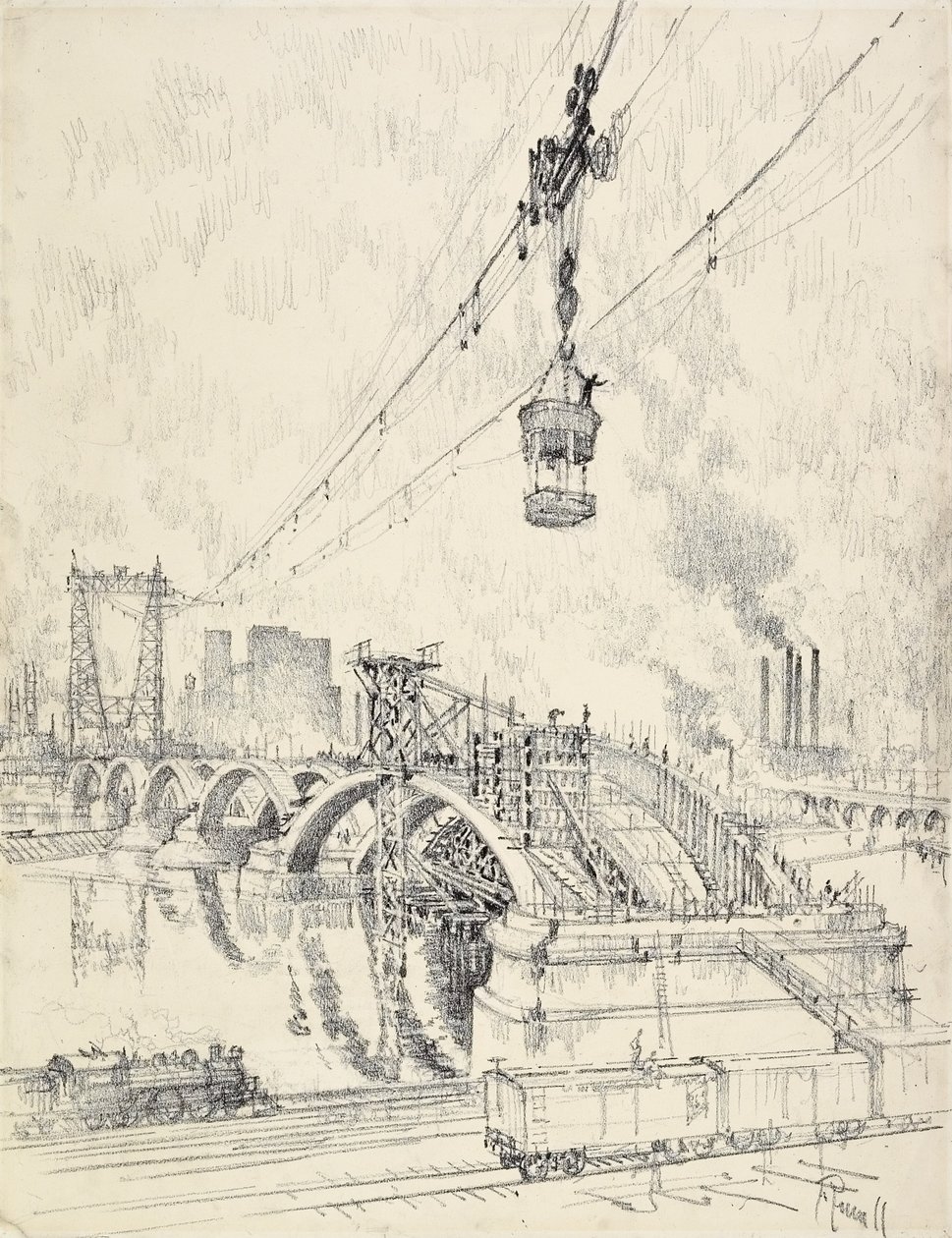 Stavba mostu, Minneapolis, 1915 od Joseph Pennell