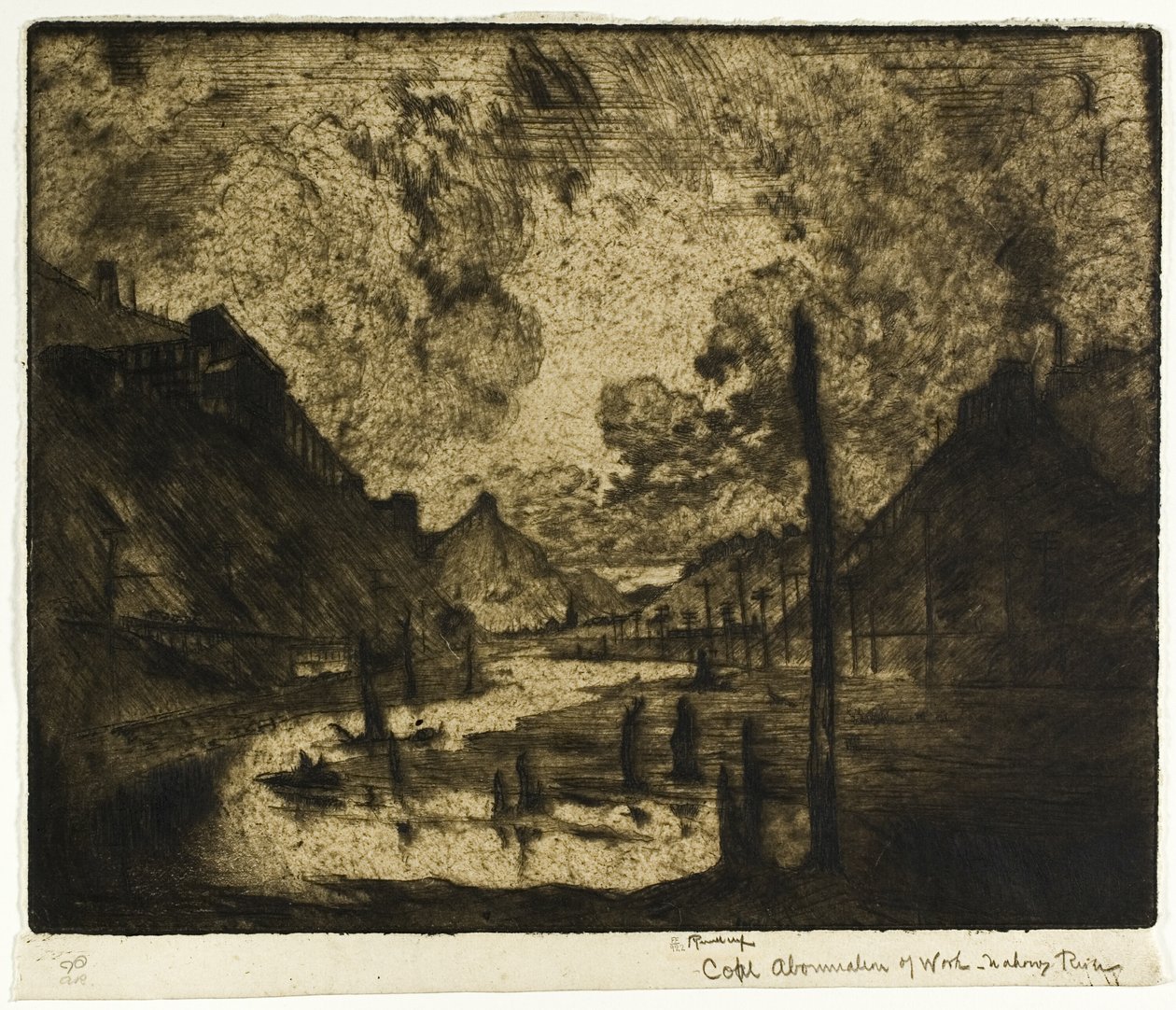 Uhlí-absolvování prací, řeka Mahanoy River od Joseph Pennell