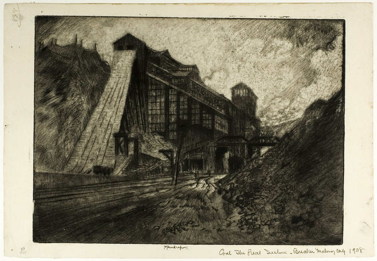 Uhlí – Velký sklon, Breaker, Mahanoy City od Joseph Pennell
