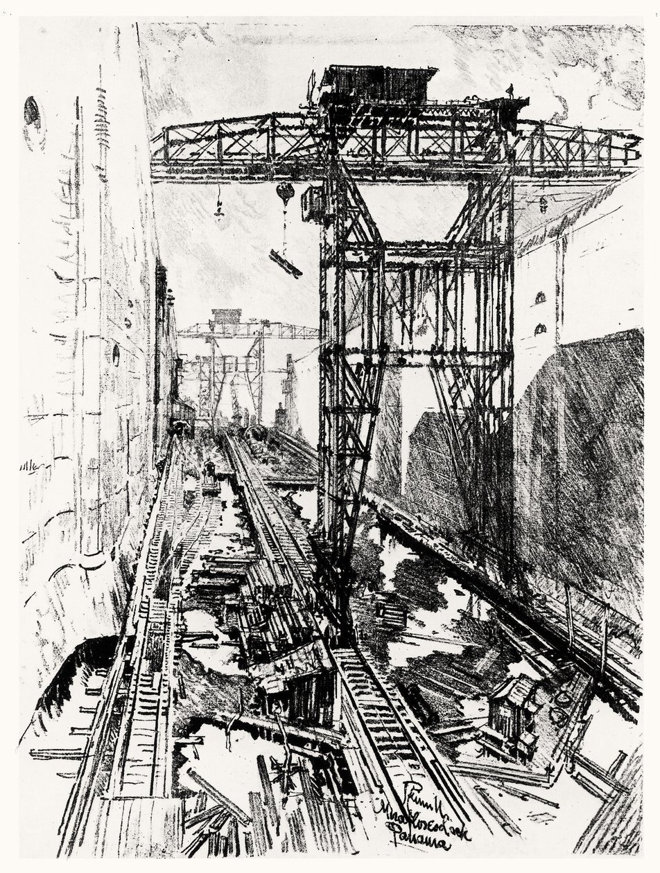 Jeřáby u zdymadla Miraflores, deska XXII z Panamského průplavu od Josepha Pennella, 1912 (uhlí na papíře) od Joseph Pennell