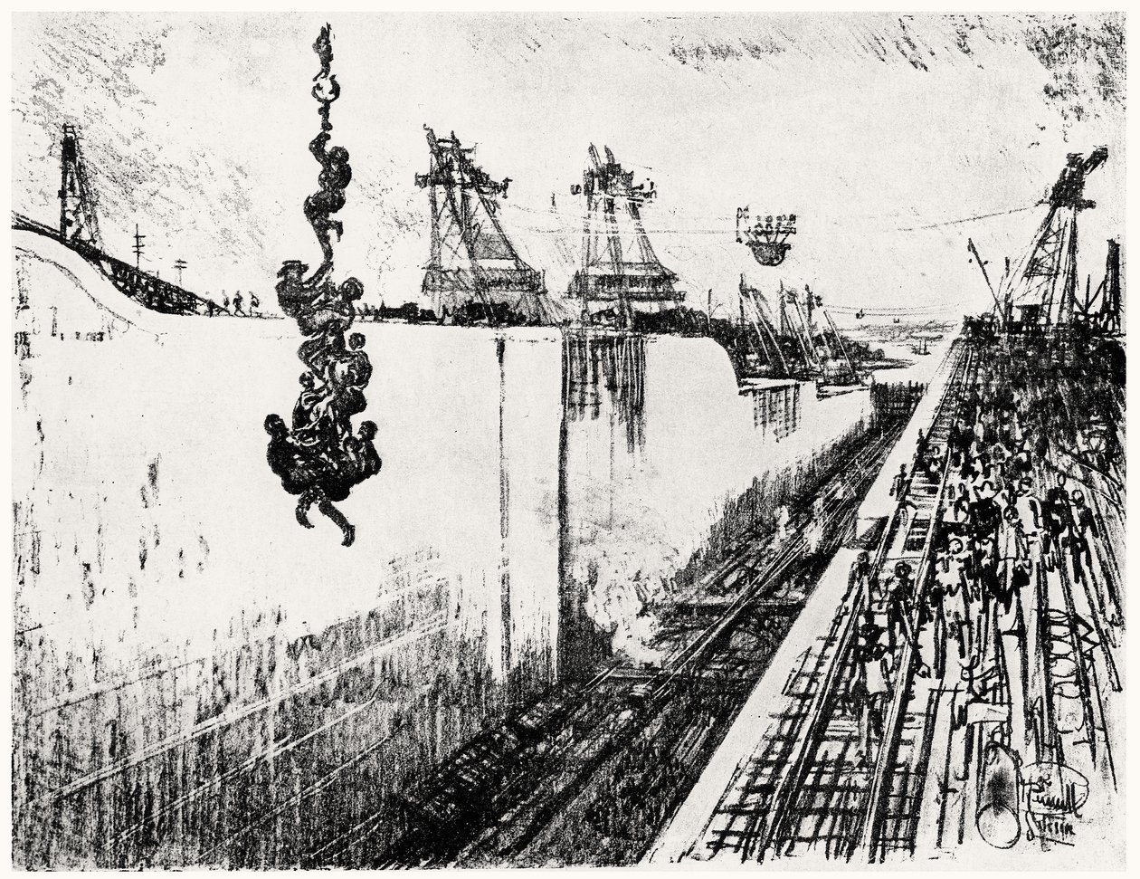 Dinner Time at Gatun, deska III z Panamského průplavu od Josepha Pennella, 1912 (uhlí na papíře) od Joseph Pennell