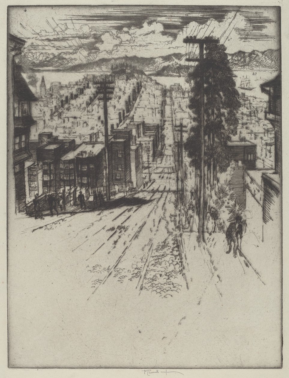 Dolů a nahoru po kopcích do zálivu, San Francisco od Joseph Pennell