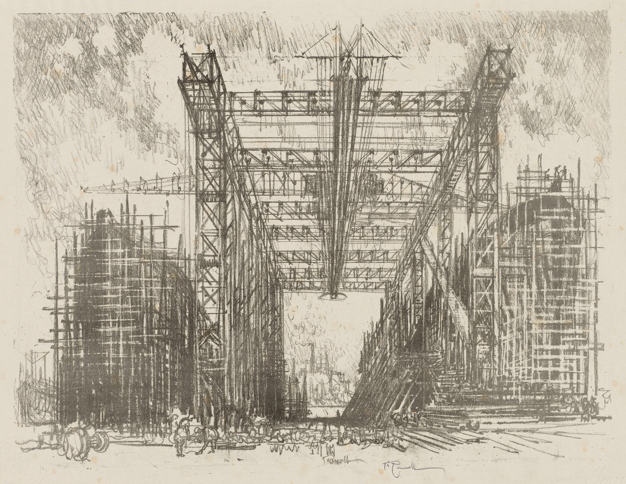 English War Work: The Gantry (obchodní loděnice) od Joseph Pennell