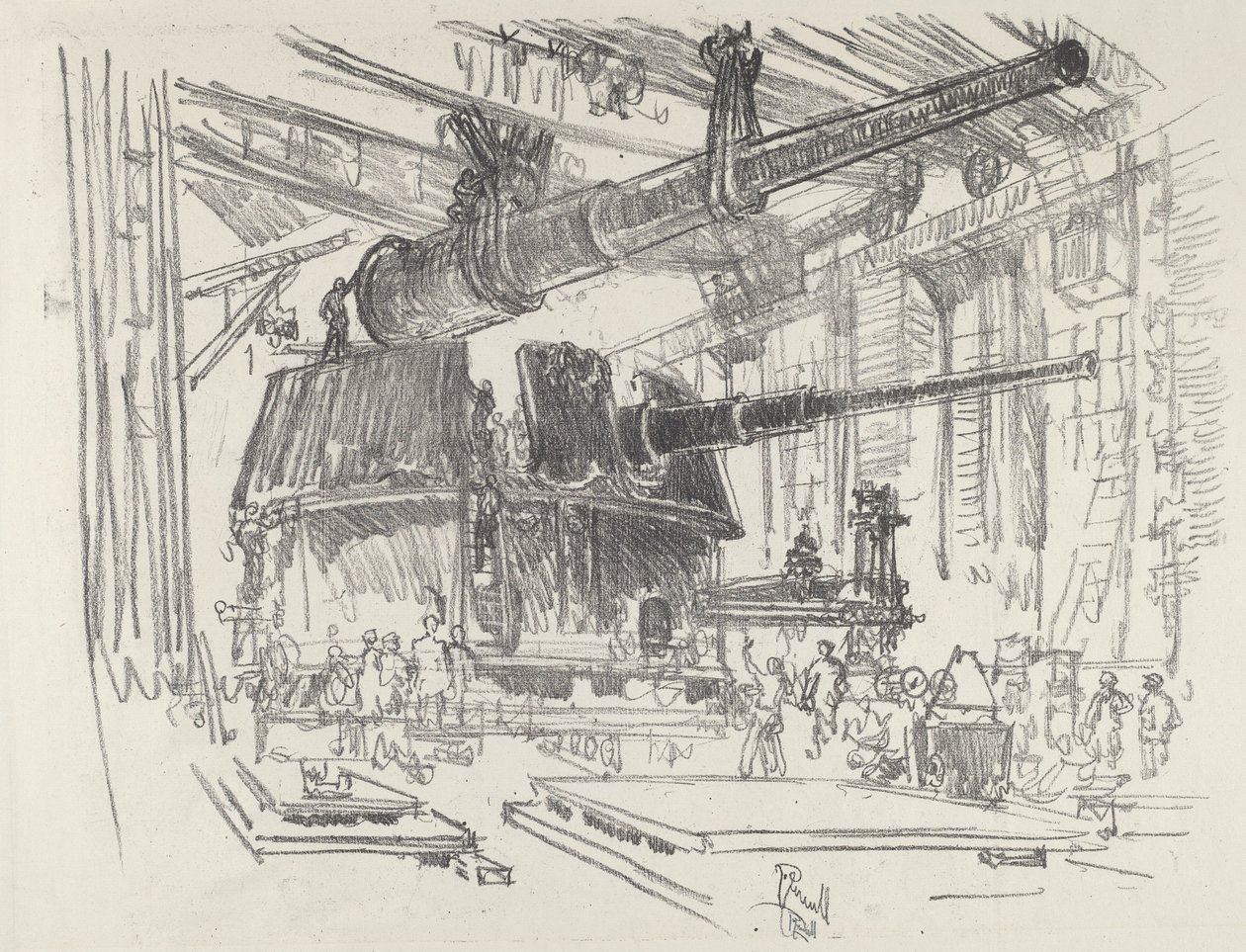 Montáž zbraní do věží, 1916. od Joseph Pennell