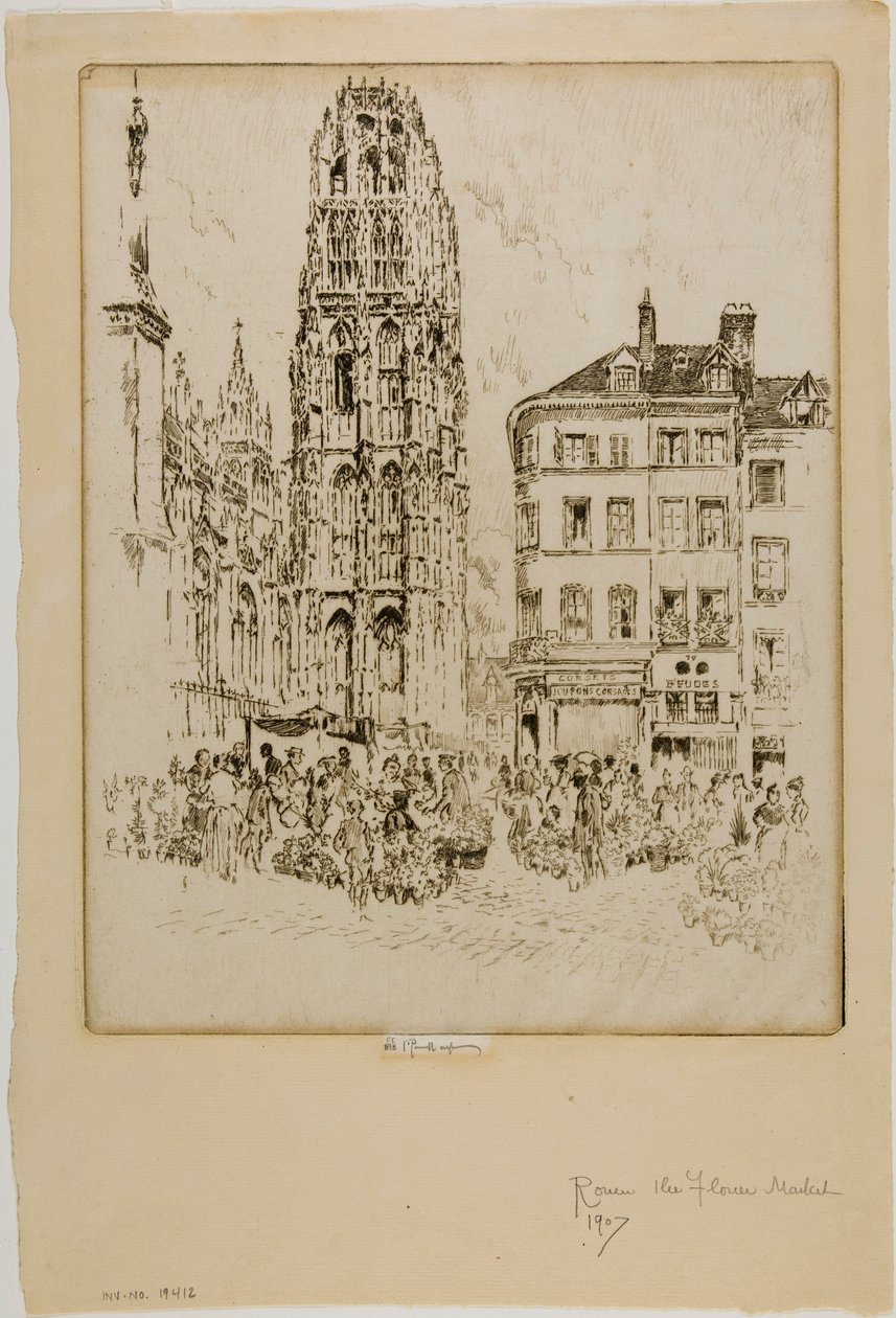 Květinový trh a máslová věž, Rouen od Joseph Pennell