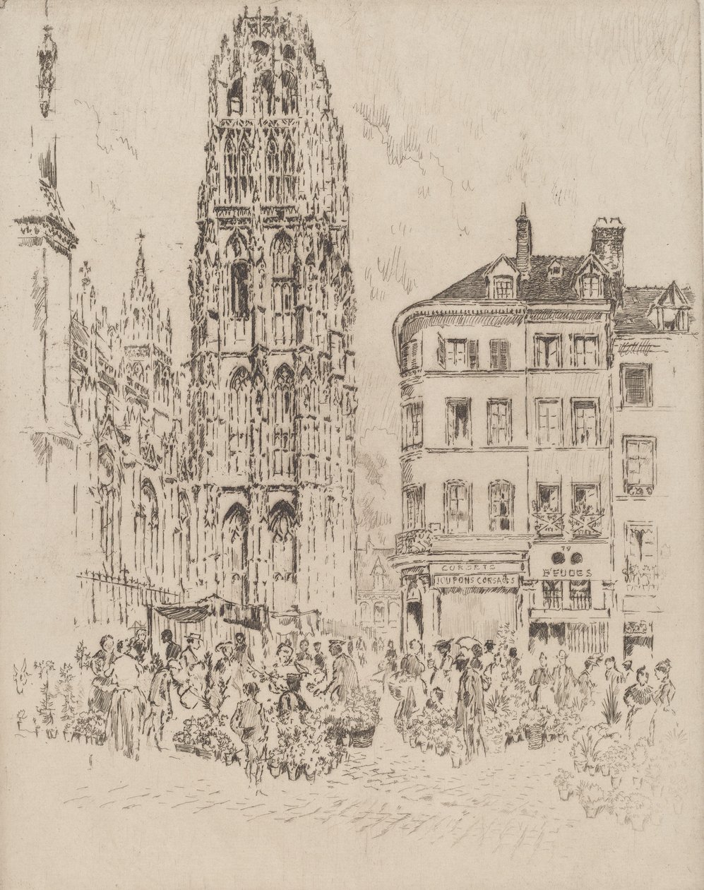 Květinový trh a máslová věž, Rouen, 1907. od Joseph Pennell