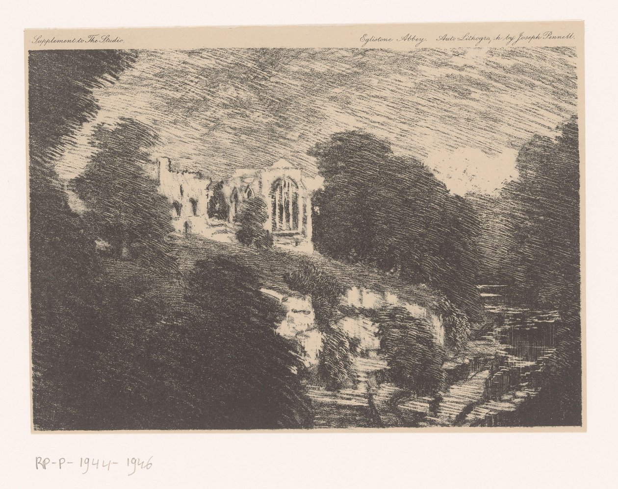 Pohled na Egglestone Abbey, při pohledu z Tees Eglistone Abbey (název na objektu) od Joseph Pennell